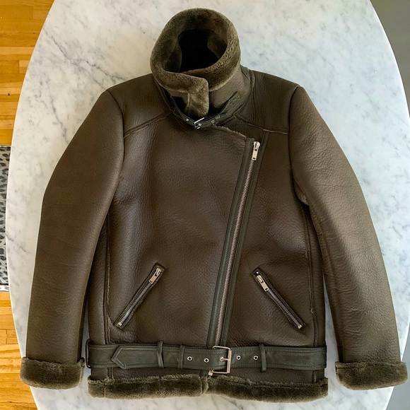 Forever 21 moss green faux suede|fur oversized aviator jacket size Small - Picture 8 of 13